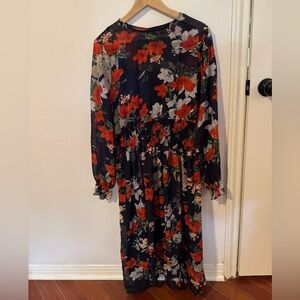 Boohoo Navy Blue and Red Floral Long Sleeve Dress